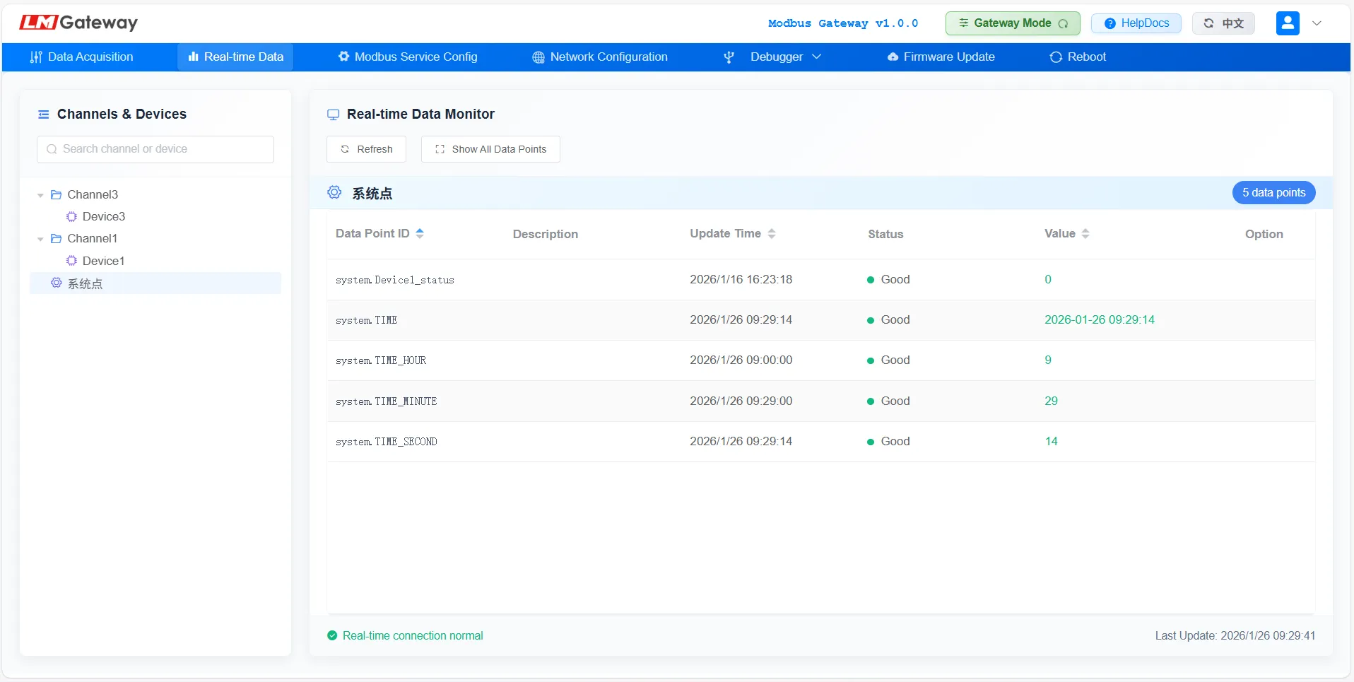 Modbus gateway real-time web monitoring interface